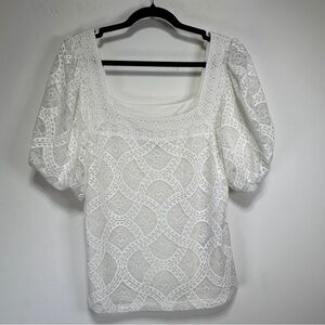 Ever New White Lace Puff Sleeve Top Square Neck Bridal Coquette Blouse L